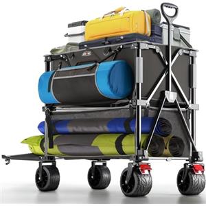 Overmont Carrello Pieghevole a Due Piani 400L 200kg - Carrello da Spiaggia con Ruote Portatutto per Tutti i Terreni - Carrello da Giardino Allungato di 132CM per Festival Campeggio Picnic Sport Nero