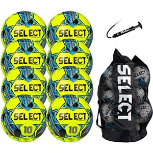Select Numero 10 - Pallone da calcio, confezione da 8 palloni con sacca da viaggio e pompa a mano, giallo/blu V22, misura 5