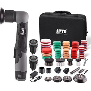 SPTA Mini Lucidatrice Auto, 12V Lucidatrice per Auto Senza Fili 4500 RPM, Lucidatura dei Dettagli Auto con 6 velocità Variabili, 25mm,50mm,80mm Spugne Lucidanti + Feltri di Lana