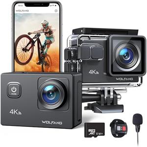 WOLFANG Action Cam GA100 4K 30FPS, 20MP Camera con 32GB MicroSD, Grandangolo 170° Fotocamera per Casco, Subacquea 40M Impermeabile Videocamera, EIS,Telecomando2.4G, Mic Esterno,2x1050mAh Batterie