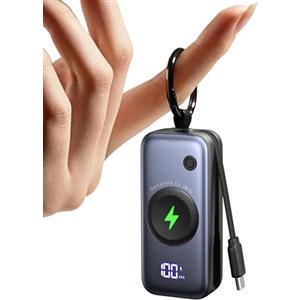 INIU Power Bank, 5000mAh 20W PD Powerbank con Cavo USB C Integrato, Caricatore Portatile per Apple Watch, Batteria da Viaggio Sottile con Portachiavi, Powerbank per iPhone 16 15, Samsung, Xiaomi