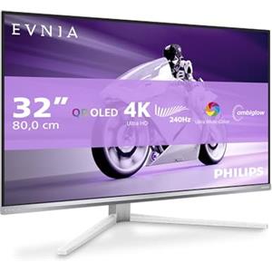 PHILIPS Evnia 32M2N8900AM - Monitor da gioco OLED UHD da 32 pollici, 240 Hz, 0,03 ms, HDR400, FreeSync Prem. Pro, G-Sync comp. (3840x2160, 2x HDMI 2.1, 1x DP 1.4, 1x USB-C (65 W PD), hub USB) bianco