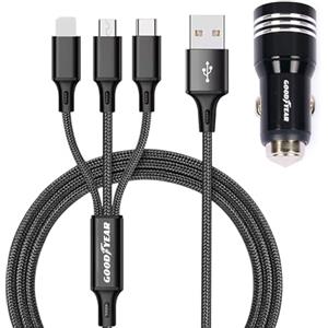 Goodyear Caricatore 3 in 1 Lightning/Micro/USB-C, Presa Accendisigari con Doppia USB, Cavo 120cm per Auto