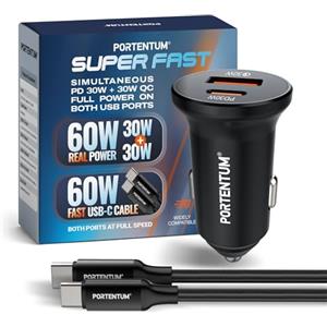 PORTENTUM Dual Simultaneous Car Charger 60W - 60W USB Type-C Cable Fast Charging - Car Battery Charger Mobile Phone - USBC PD 30W + USBA QC 30W - For iPhone iPad Android