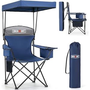 OVERMONT Sedia da Campeggio Pieghevole con Baldacchino - Sedia Portatile con portabicchieri e Borsa per il Trasporto - per Spiaggia Campeggio Viaggi - Fino a 150 kg (Grigio Blu)