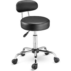 BAKAJI Sgabello con ruote e schienale, Sedia da lavoro girevole con supporto schiena, Seduta Imbottitura 10 cm Ecopelle e Base Acciaio, Altezza Regolabile, per estetista, ufficio, lavoro (Nero)