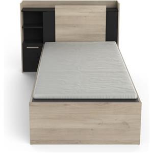 Demeyere Letto 90 x 190/200 con Contenitore 1 Anta 3 Nicchie 1 Cassetto, Nero Opaco e Rovere Chiaro, 124.5 x 226.9 x 90.5 cm