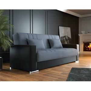 Dmora Divano Letto 3 posti Sergio, Divano Contenitore in Ecopelle e Tessuto, Sofà con Apertura Click-clack e 2 Cuscini, 230x96h101 cm, Nero e Grigio