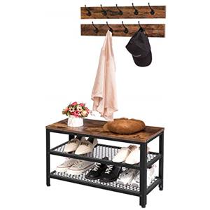 HOOBRO Scarpiera con Appendiabiti, Panca Scarpiera, Mobile da Ingresso con 3 Ripiani e 9 Ganci, 73 x 30 x 44,5 cm, per Corridoio Soggiorno Camera da Letto, Marrone Vintage, Nero EBF17MT01