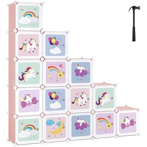 SONGMICS Armadio Cameretta, Guardaroba Modulare a 16 Cubi con Ante, Libreria Bambini, Scaffale Porta Giochi in Plastica, Mobile Porta Giocattoli, Scarpiera, 123 x 31 x 123 cm, Rosa LPC906P01