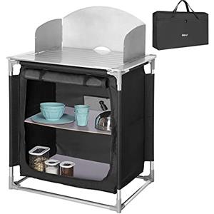 BAKAJI Cucina Armadio Mobiletto Tavolo da Campeggio Picnic, Cucinotto Nero Compatto, Portatile e Pieghevole con Telaio in Alluminio, Borsa per il Trasporto e Scomparti Interni (75 x 49 x 113 cm)
