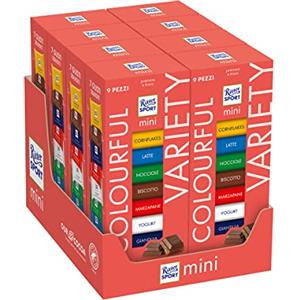 Ritter Sport Mini Tower 150g Colourful Variety, Mix Cioccolatini, 7 Gusti, Cioccolato al Latte, Nocciole, Fiocchi di Mais, Cornflakes, Gianduia, Ripieno allo Yogurt e Biscotto, 8 Mini Tower da 9 Pezzi