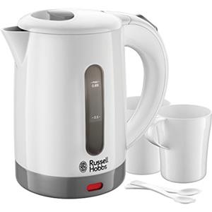 Russell Hobbs Bollitore acqua Elettrico da Viaggio, 0.85 L, 1000 W, 2 Tazze + 2 cucchiaini inclusi, tensione regolabile per uso in tutto il mondo, Filtro removibile, Plastica, Bianco, Travel 23840-70