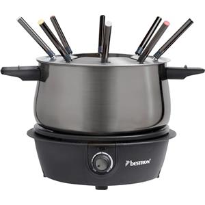 Bestron Set per fonduta elettrica fino a 8 persone, con 8 forchette per fonduta e termostato continuo, con paraspruzzi, colore: grigio titanio