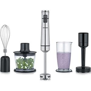 Severin SM 3775 - Frullatore a Immersione Senza Fili, con frullatore ad Immersione, Tritatutto Multiuso, Contenitore Miscelatore, schiacciapatate e Frusta, in Acciaio Inox Spazzolato, Colore: Nero