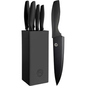 MasterChef Set Coltelli da Cucina con Ceppo Universale, Portacoltelli con Lama Affilato per Pane, Carne, Verdure e altro, Acciaio Inox, Prova di Calore, Manici Neri, 5 Pezzi, Nero