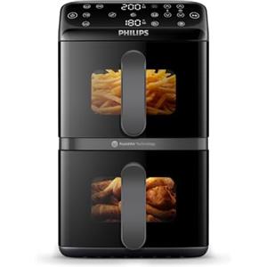 Philips Airfryer Serie 4000, Friggitrice ad Aria Doppio cestello Verticale da 10L, Tecnologia RapidAir, Funzione Sync, Rivestimento in ceramica no PFAS, Finestre, 45% più piccola (NA460/00)