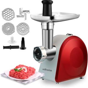 Edihome, Tritacarne Elettrico, Tritacarne Professionale, 2200W, Multifunzionale con 3 Piastre di Taglio e Ripieno per Salsicce (Rosso/Bianco)