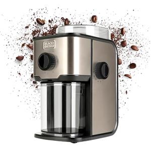 BLACK+DECKER - Macinacaffè Elettrico BXCG151E | Serbatoio 200g | 14 Livelli di Macinatura | Capacità 12 Tazze | Acciaio Inox Anti-Impronte | Caffè Fresco e Aromatico | Coperchio Trasparente