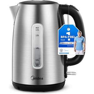 Midea Bollitore Elettrico 1,7L, Acciaio Inox, Kettle senza BPA, 2200 W, Bollitore Acqua con indicatore del livello dell'acqua, indicatore LED, Base di rotazione a 360°