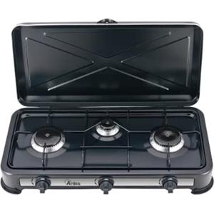 ARDES | AR1FG03 Fornello a Gas da Esterno GPL Cucina a Gas Portatile per Campeggio 3 Fuochi Con Coperchio In Acciaio Verniciato Nero - Classe di efficienza energetica A+++