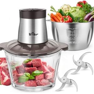 Bear 2L+1.8L Tritatutto elettrico, 600W 2 impostazioni di velocità, tritatutto con 4 lame in acciaio inox e tritacarne, contenitore in vetro Tritatutto per carne, alimenti per bambini, frutta, verdura