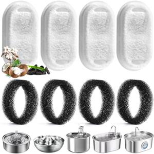 AiQInu 8 Pezzi Filtri Fontanella per Gatti, 4 Pezzi Filtro e 4 Pezzi Spugna in Schiuma Quattro Livelli di Filtrazione, Filtro di Ricambio per Cani e Gatti in Acciaio Inox Fontana da 2L/3.2L