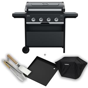 Campingaz 4 Series Select L Barbecue gas Set con piastra extra, coperchio e utensili per grigliare, BBQ gas con 4 bruciatori in acciaio inox, coperchio con termometro, InstaClean, potenza 12 kW