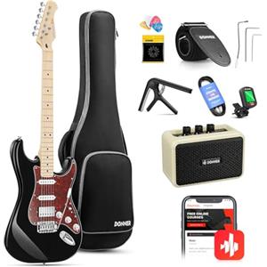Donner - Set con chitarra elettrica, DST-152B, HSS Pickup Coil Split, 1 metro, con amplificatore, custodia, capotasto, tracolla, accordatore, corde, cavo, plettri, nero