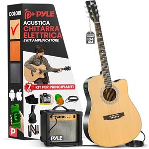 Pyle Kit per Chitarra Elettrica Acustica e Amplificatore a Spalla Mancante, Strumento a Corde in Legno di Abete Rosso Scala 4/4 con Amplificatore per Esercitazione, 1,04 m