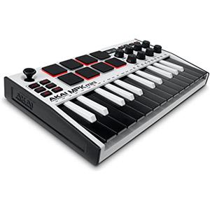 Akai Professional MPK Mini MK3 - Tastiera MIDI Controller USB a 25 Tasti con 8 Drum Pad Retroilluminati, 8 Manopole, Software e Native Instruments Sound Package (NKS Integration), Colore Bianco
