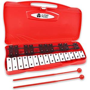 A-Star Xilofono Glockenspiel cromatico soprano a 25 note in custodia rossa con tasti neri/bianchi e due battitori in plastica - 2 ottave da G5 a G7