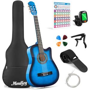 Moukey Chitarra Acustica da 96,5 cm per principianti, bambini, ragazzi e adulti, kit con poster di accordi, custodia, accordatore, plettri, corde in nylon, capotasto, tracolla, blu