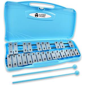 A-Star Xilofono soprano cromatico Glockenspiel a 25 note in custodia blu con tasti argentati e due fruste in plastica - 2 ottave da G5 a G7
