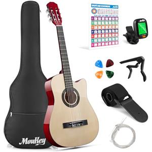 Moukey Chitarra Acustica da 96,5 cm per principianti, bambini, ragazzi e adulti, kit con poster di accordi, custodia, accordatore, plettri, corde in nylon, capotasto, tracolla, colore naturale
