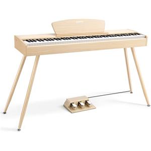 Donner DDP-80 Pianoforte Digitale 88 Tasti Tastiera Ponderati, Azione del Martello II, Piano Elettrico Domestico con Supporto, Pedale Triplo e Collegamento USB MIDI, Colore legno chiaro
