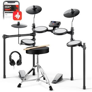 Donner DED-70 Batteria elettrica per bambini, batteria elettronica con 150 suoni, 4 pad a rete silenziosi, piatti da 9", 2 pedali, trono, cuffie, bacchette, regalo di compleanno per Natale