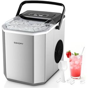 EUHOMY Macchina per il Ghiaccio: 9 Cubetti in 6 Minuti, Macchina del Ghiaccio Casa Autopulente, 2 Dimensioni di Ghiaccio,12KG/24H con Maniglia/Paletta/Cestello, Acciaio Inossidabile