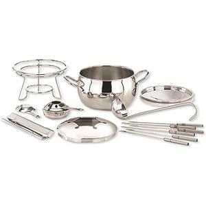 APS Set di Ciotole per fonduta e pinze da Fuoco, Coperchio in Acciaio Inox lucidato a Specchio, Telaio Cromato, mestolo, per Circa 2,2 Litri di Liquido, Ø22 cm, Altezza 23 cm