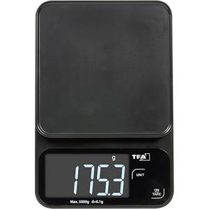 TFA Dostmann Bilancia da cucina digitale COOKIE, 0,1 g, 50.2009, fino a 5 kg, funzione tara, bilancia di precisione, display LCD retroilluminato, piatta e compatta, moderna, nera