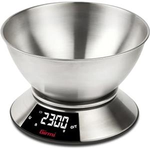 Girmi PS86 Bilancia da Cucina, Grande ciotola 2 L, Corpo e Ciotola INOX, Grande Display 58 x 30 mm, Misurazione 1gr/5Kg, Funzione Tara
