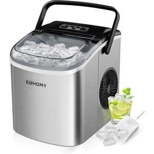 EUHOMY Macchina del Ghiaccio 12kg/24h, EUHOMY Macchina Ghiaccio Casa, 9 Cubetti in 6 Minuti, Autopulente con Maniglia, Paletta, Cestello, Acciaio Inossidabile, 45dB, Argento