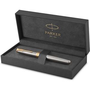 PARKER Sonnet Penna Stilografica, Acciaio Inossidabile con Finiture in Oro, Pennino Medio, Confezione Regalo, Stainless Steel, Gold Trim