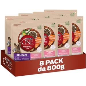 Purina One Mini <10kg Delicate Crocchette per Cani di Piccola taglia con Salmone e Riso, 8 Confezioni da 800g