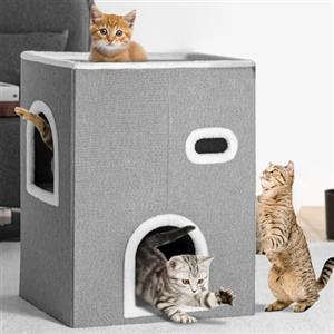 BAKAJI Cuccia per Gatti Verticale con Ingresso, Casetta Grigio Rifugio per Animali Domestici, Tiragraffi in Poliestere Caldo e Imbottito, Cuccetta Graffiatoio con Base Antiscivolo 48 x 37.5 x 63 cm