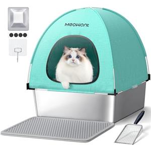 Meowant Lettiera Gatto in Acciaio Inox, Lettiere XXL, Copertura in Tessuto Chiuso, Quadrato Toilette Grande per Gatti di Grossa Taglia, Antiaderente, Prova Perdite, Staccabile e Facile Pulire, Verde