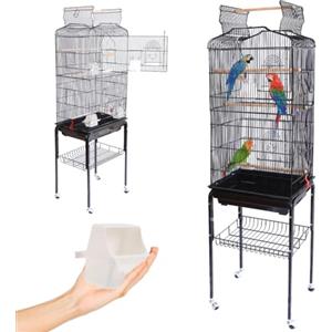 BAKAJI Gabbia Voliera per Uccelli, Pappagalli Inseparabili, Calopsite, Gabbietta Parrocchetti Volatili Piedistallo e Ruote, Tetto Apribile e Mangiatoie, Posatoi Legno, Vaschetta Removibile (Nero)