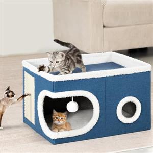 BAKAJI Cuccia per Gatti con Ingresso Tondo e Bordo in Lana, Casetta Rifugio per Animali Domestici, Tiragraffi in Poliestere Caldo e Imbottito, Cuccetta Graffiatoio Base Antiscivolo 58x42x33cm (Blu)