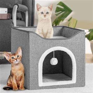 BAKAJI Cuccia per Gatti Pieghevole con Ingresso ad Arco, Casetta Tiragraffi per Animali Domestici in Poliestere Imbottito, Cuccetta Graffiatoio Grigio 2 Ripiani Letto Base Antiscivolo Ampia Apertura
