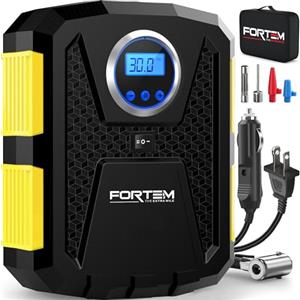 FORTEM Compressore Aria Portatile per Pneumatici, Pompa per Bicicletta, Compressore Aria 230V AC 12V DC con Luce a LED, Manometro Digitale Pneumatici con Gonfiaggio/Spegnimento Automatico (Giallo)
